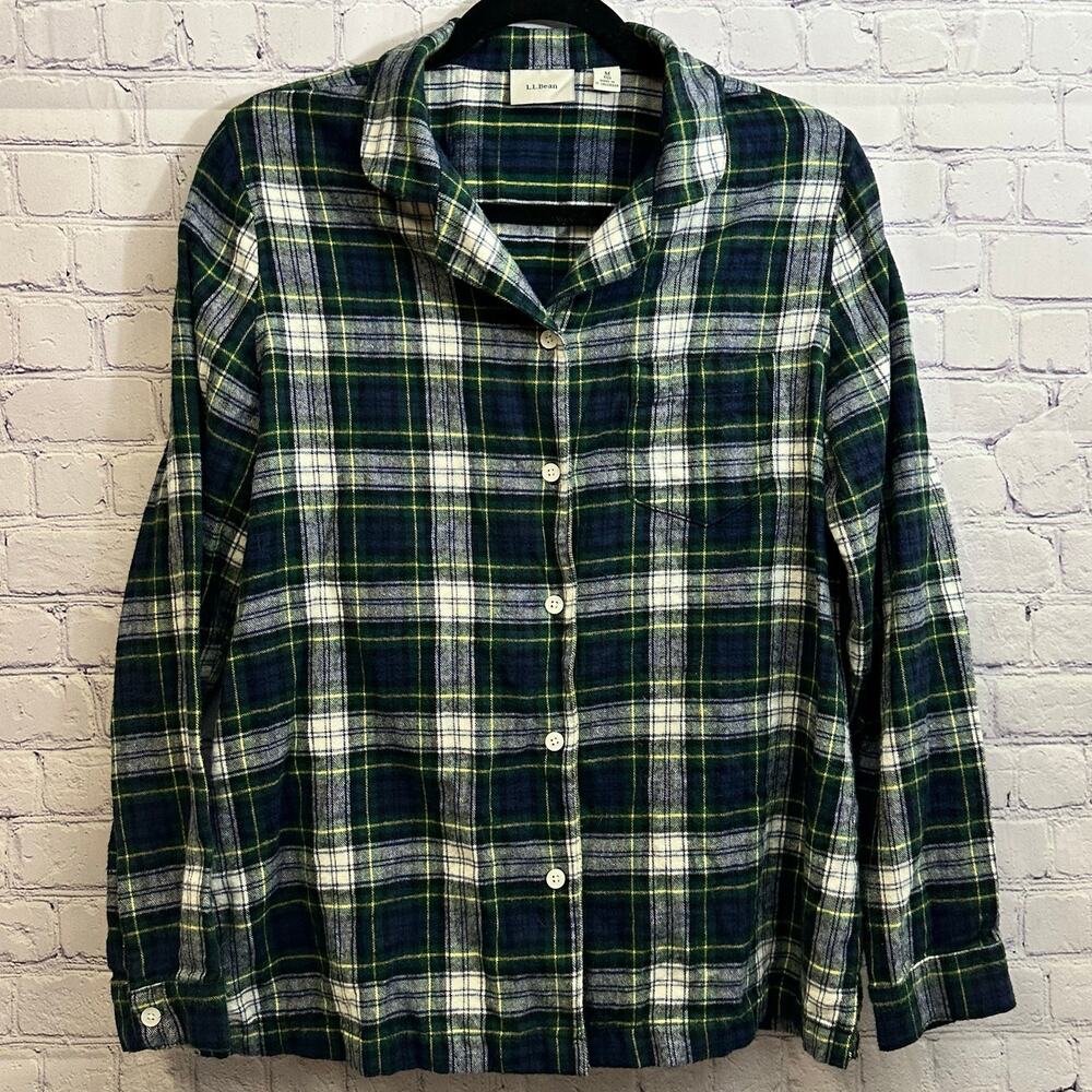 LL Bean Blue/Green Plaid 100% Cotton Flannel Shirt Women's Medium Cottage
